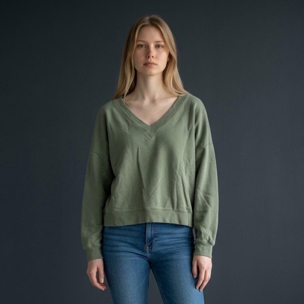 Madewell Sage Green Cotton Hemp V-Neck Relaxed Pullover Sweatshirt Womens M Boho